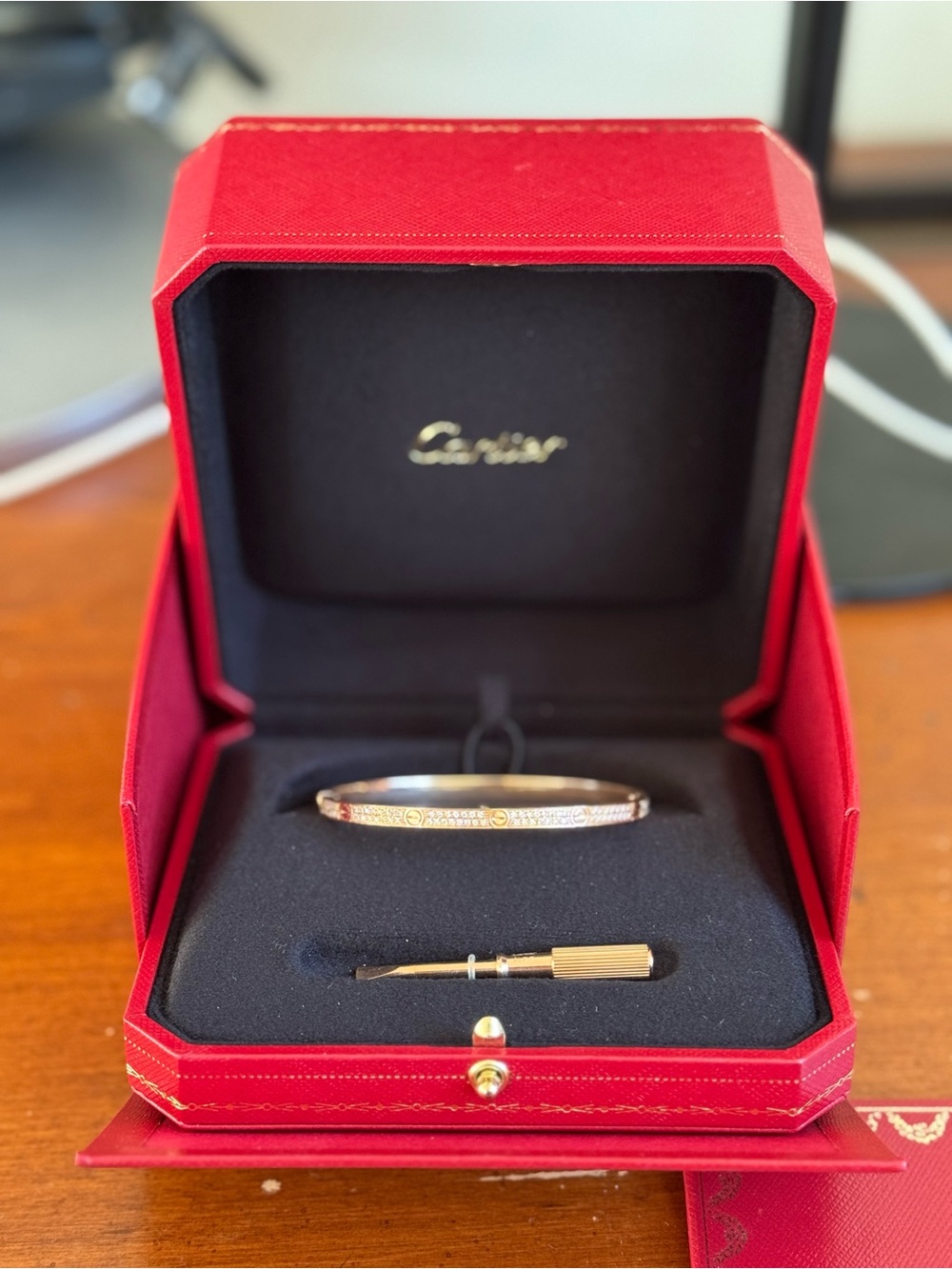 Cartier Rose Gold Paved Love Bracelet with box and papers, size 17